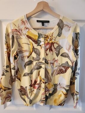 White House Black Market Yellow Floral Button Cardigan Top